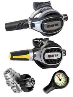 Mares Regulator Set: Abyss Adj 62X (DIN Or Yoke) W/ Octopus & Free Termo Gauge -Mares Diving Shop Mares Abyss Adj 62X DIN Ultra Adj Octopus Regulator Set