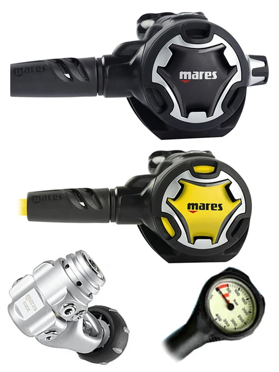 Mares Regulator Set: Dual Adj 62X (DIN Or Yoke) W/ Octopus & Free Termo Gauge 3 Mares Regulator Set: Dual Adj 62X (DIN Or Yoke) W/ Octopus & Free Termo Gauge