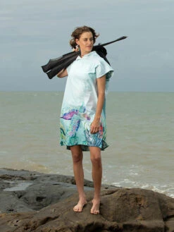 Ocean Armour Turtle Poncho -Mares Diving Shop Ocean Armour Turtle Poncho Female Smiling Standing with Fins