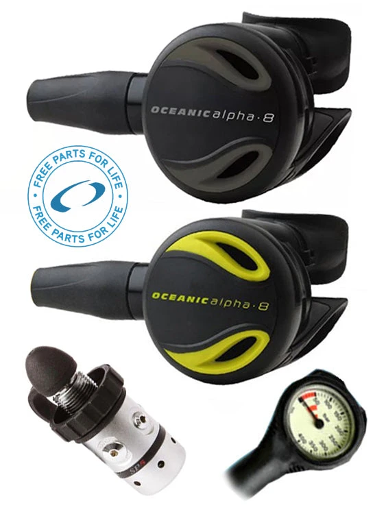 Oceanic Regulator Set: Alpha 8 / SP5 (DIN Or Yoke) / Alpha 8 Octopus & Termo Gauge 3 Oceanic Regulator Set: Alpha 8 / SP5 (DIN Or Yoke) / Alpha 8 Octopus & Termo Gauge