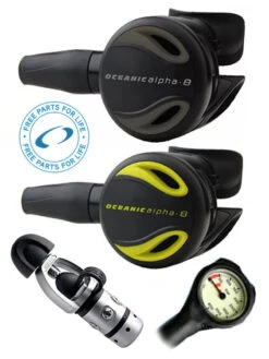 Oceanic Regulator Set: Alpha 8 / SP5 (DIN Or Yoke) / Alpha 8 Octopus & Termo Gauge 5 Oceanic Regulator Set: Alpha 8 / SP5 (DIN Or Yoke) / Alpha 8 Octopus & Termo Gauge -Mares Diving Shop Oceanic Alpha 8 SP5 Regulator Set Yoke