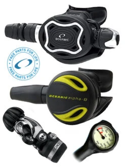 Oceanic Regulator Set: Zeo / FDXi (DIN Or Yoke) / Octopus & Free Termo Gauge -Mares Diving Shop Oceanic Zeo FDXi Black Alpha 8 Occy Regulator Set Yoke